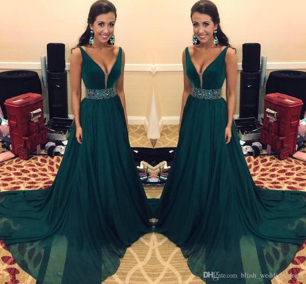 

2020 green prom dresses long with sash beads sequins chiffon formal dresses evening wear a line v neck cocktail dresses dh0179, Black