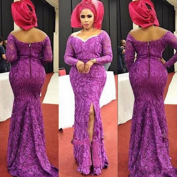 

aso ebi light purple full lace mermaid evening dresses off the shoulder long sleeve zipper back split prom party gowns robe de soriee plus, Black;red