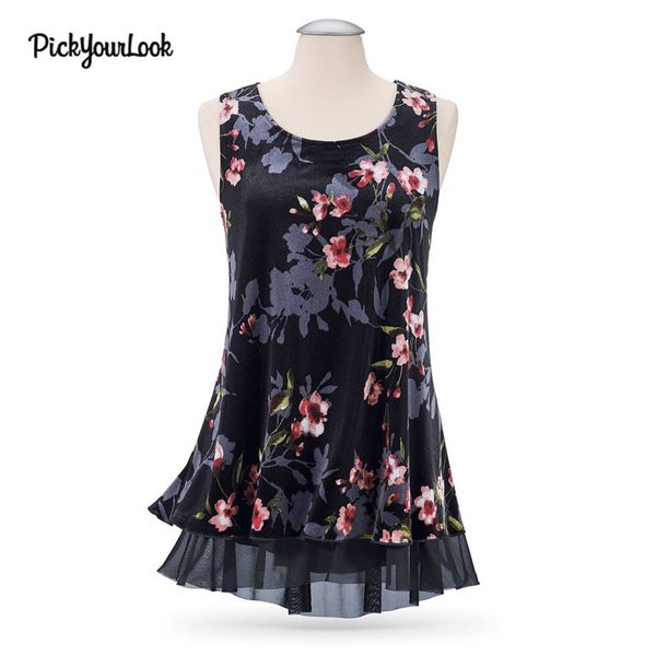 

pickyourlook women tank loose chiffon long print elegant floral tank streetwear sleeveless holiday camiseta sin mangas, White