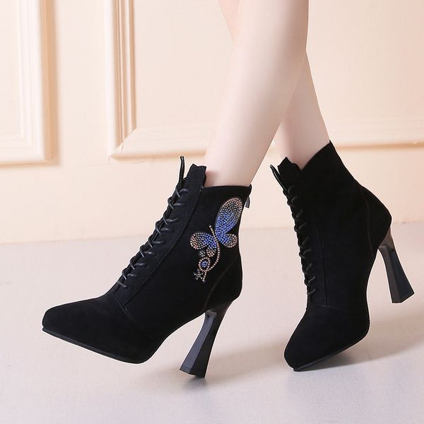 

women's new2019high heel women's shoes waterproof platform autumn and winter boots belt with stilettowomen'sshoes, Black