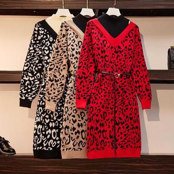 

women 2020 autumn winter chic leopard knitted dress female long sleeve half turtleneck slim casual sweater dresses vestidos h234, Black;gray