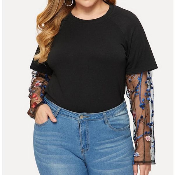 

plus size blouse for women casual mesh sheer patchwork shirt solid o-neck full sleeves casual loose womens blouses #38, White