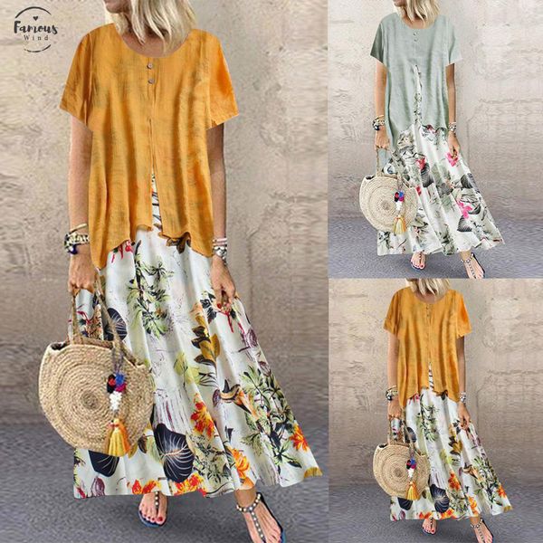 

women casual dresses summer vintage print long dress big size patchwork fake two pieces casual o neck plus size maxi dress, Black;gray