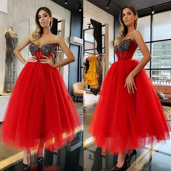 

2019 beaded red prom dresses sweetheart tea length sleeveless evening gowns party wear custom made plus size formal dress, Black;red