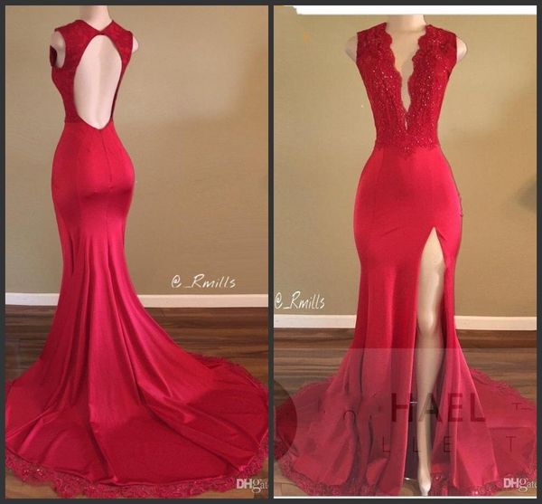 

2019 new red plunging v neck mermaid prom dresses arrival lace appliqued sequins high split evening gowns open back long, Black