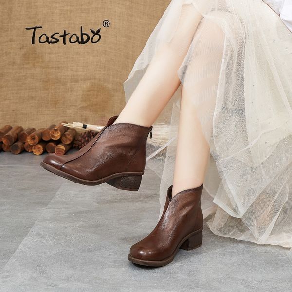 

tastabo genuine leather ladies ankle boots retro style women's boots brown black s3070 comfortable breathable women's shoes