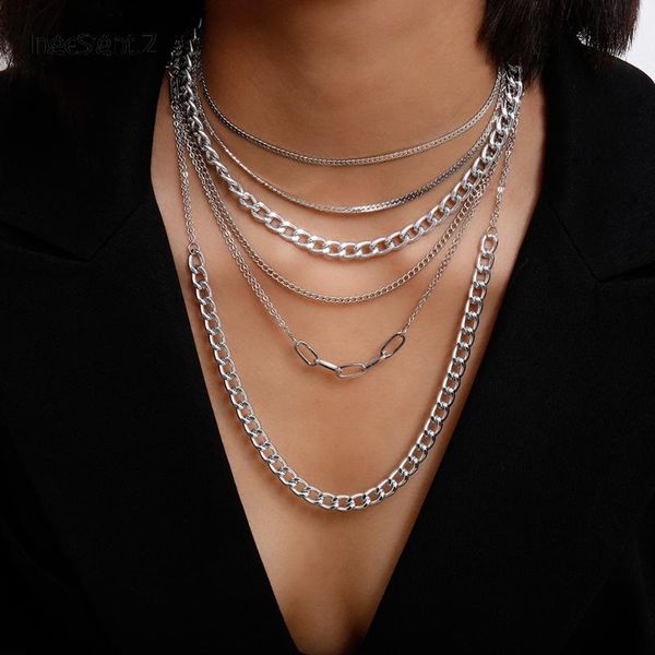 

ingesight.z 2pcs/set vintage multi layer curb miami cuban choker necklaces punk hip hop chunky thick pendant necklaces jewelry, Silver