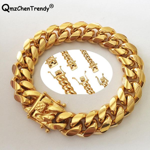 

promotion stainless steel miami curb cuban chain bracelets dragon casting clasp bangle hip hop jewelry 8mm~18mm men bracelet, Black