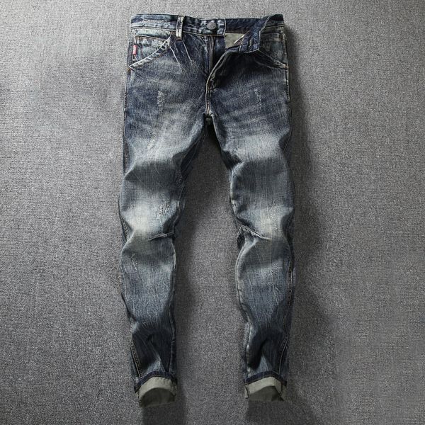 

japanese style fashion men jeans vintage designer retro wash slim fit classical jeans men spliced superably brand ripped, Blue