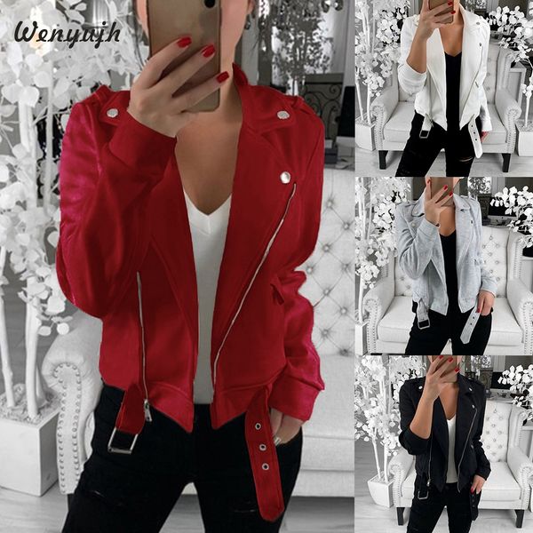 

2019 autumn new women motercycle jacket faux leather coat outwear streetwear zipper with belt lapel chaqueta mujer jaqueta, Black;brown