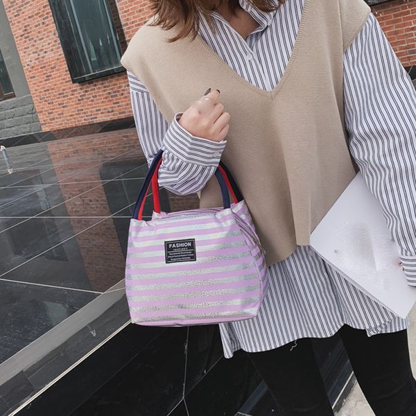 

portable insulated lunch bag box storage bags striped oxford cloth tote for women men kids storage pouches lunch bags &&7, Blue;pink