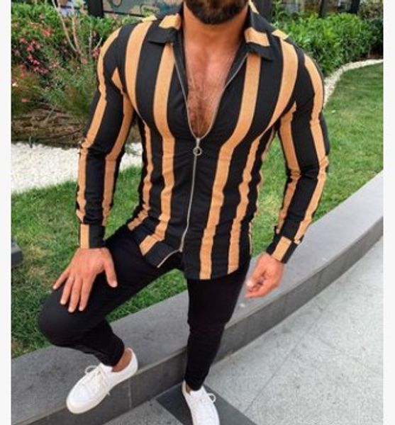 

men slim fit shirt stylish zipper design stripe shirt fashion mens spring autumn long sleeve casual camisa masculina, White;black