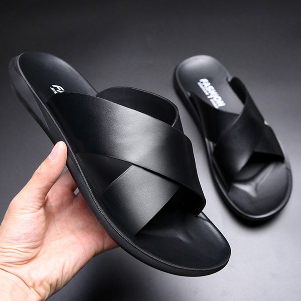 

fashion men's real leather slippers summer new crossing slides men's leisure comfort flat sandals, Black