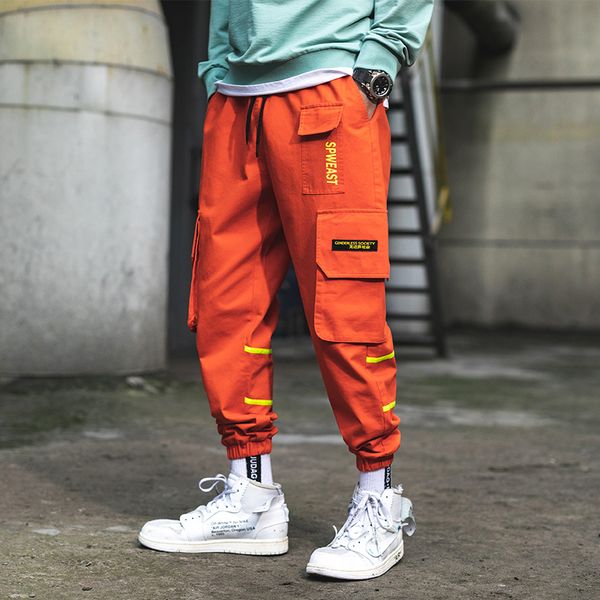 

men harem pant multi pocket orange trousers fashion feet leisure trouser hip hop cargo pants streetwear, Black