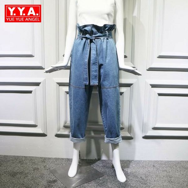 

new women loose harem pants jeans 2018 fashion vintage high waist drawstring denim pants female loose trousers roupas feminina, Blue