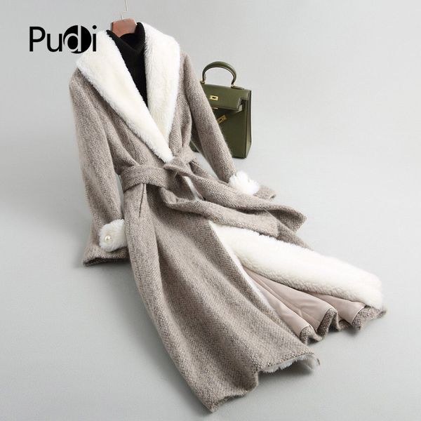 

pudi a18045 women's winter warm 100% genuine wool fur with sheep fur collar coat lady long coat jacket overcoat, Black