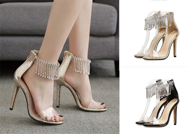 

brand designer spring and summer luxury new rhinestone transparent film fish mouth stiletto heels sandals 35-40 high heels, Black