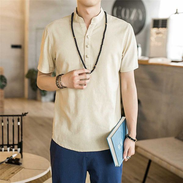 

2020 men casual shirt short sleeve mandarin collar shirts solid color traditional chinese style blouse cotton linen clothing 5xl, White;black