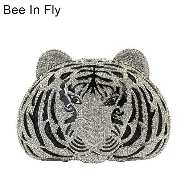 

bee in tiger face rhinestone women handbags crystal bag evening metal clutches purse hollow out diamond wedding clutch