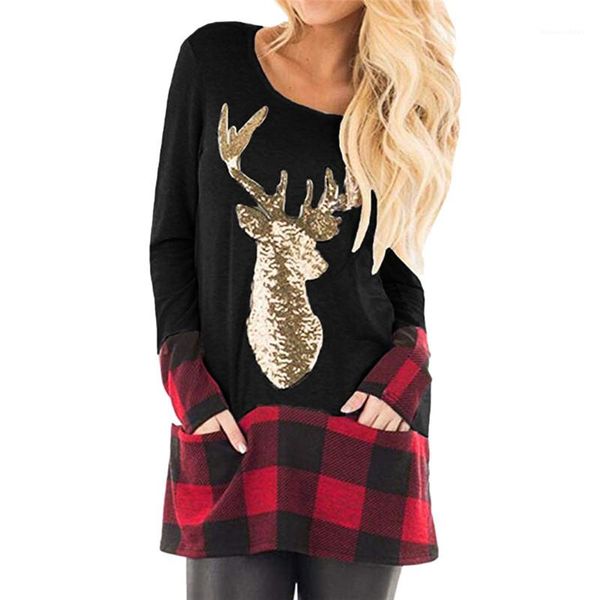 

gold reindeer printed casual long sleeved crew neck clothing fashion womens tees christmas womens designer tshirts plaid panelled, White