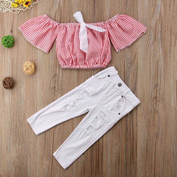 

2018 kids baby girls red blue striped off shoulder lace holes white pants outfit set clothes fashion summer lace clothing