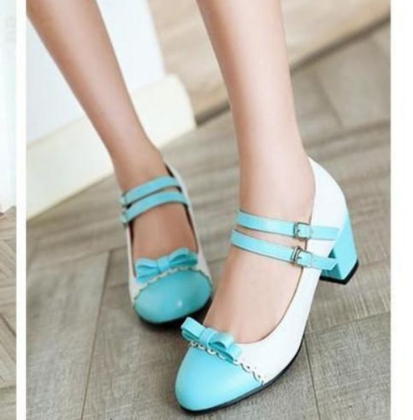 

2018 bowknot women's shoes in spring and autumn with new style middle heel coarse heel round head, Black