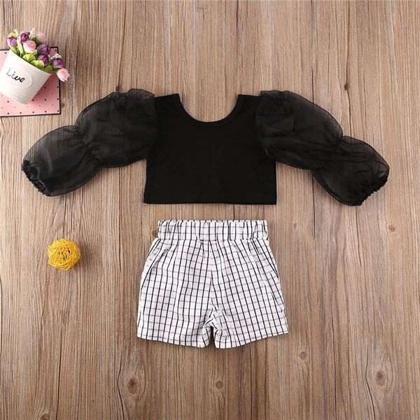 

toddler baby girls puff sleeve t-shirt plaid shorts pants clothes outfits, White