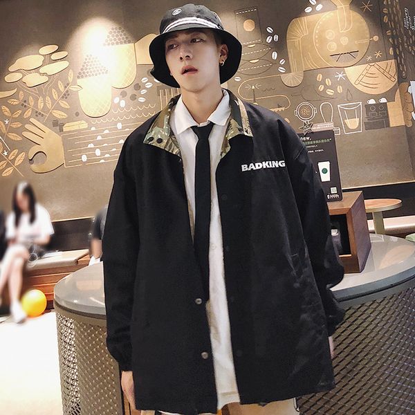 

ewq 2019 spring men letter print embroidery double-sided wear jacket male casual long sleeve loose turn-down collar coat hd509, Black;brown