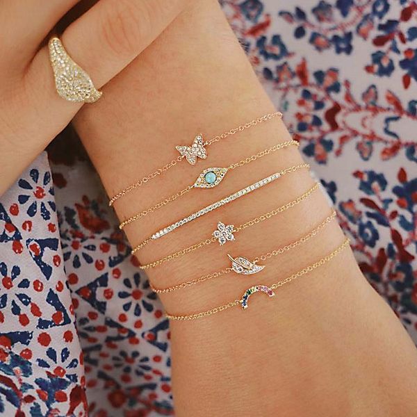 

new 6 pcs/set punk womenbutterfly eye star moon leaves crystal gem shiny gold multilayer chain bracelet set party jewelry gifts, Black