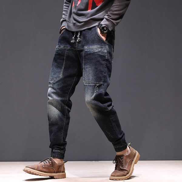 

men's harem jeans 2018 new autumn spring hip hop loose elastic waist drawstring beam foot casual denim trousers jeans 28-42, Blue