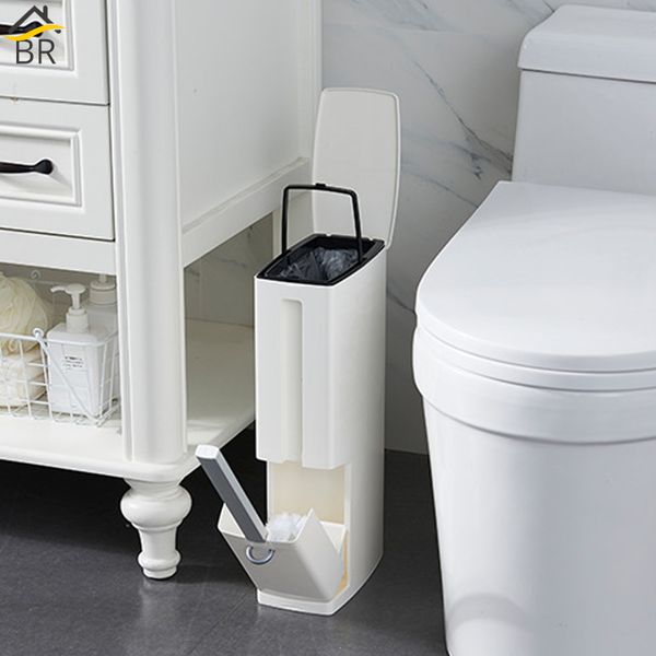 

multi-function bathroom waste bin toilet brush integrated sets with flip handle liner trash can home bathroom supplies