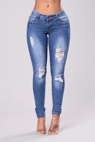 

2020 fashion stretch hole slim high street tassel ripped jeans women mid waist denim hip pants trousers pencil skinny jeans, Blue