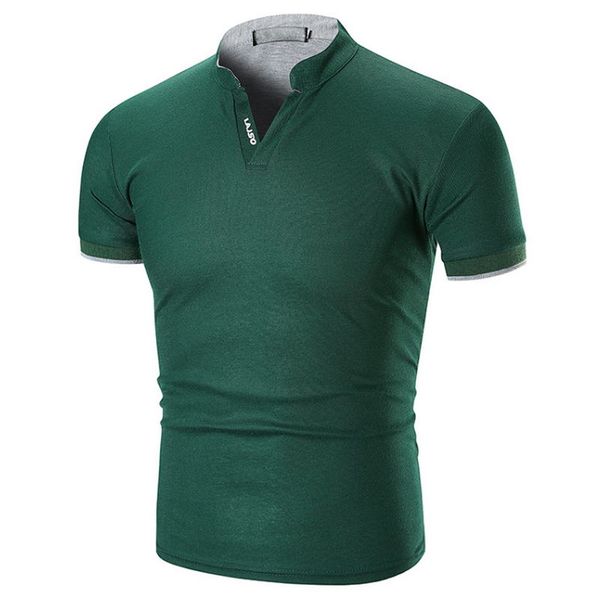 

a men cotton casual stand collar short sleeve shirts, a male pure color v-neck shirt, White;black