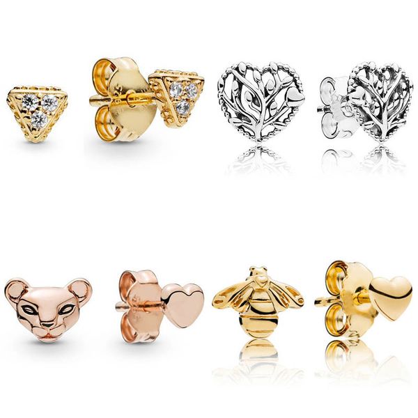 

new 925 sterling silver earring rose golden bee lioness and heart triangles flourishing heart earring for women fine jewelry, Golden;silver