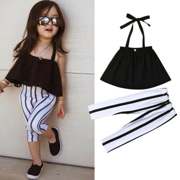 

us toddler baby girls clothes summer strap +stripes pants outfits set 1-6t, White