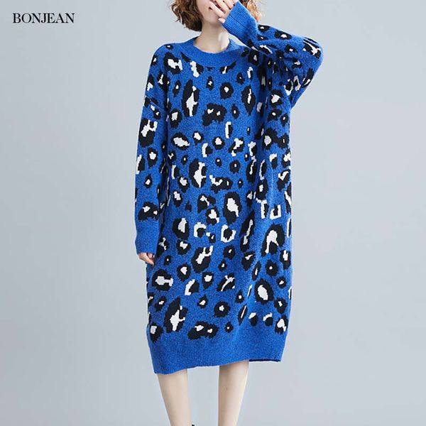 

plus size winter women dress pullover knitted long sleeve vintage print dresses loose ladies lazy style casual dress female 2020, Black;gray