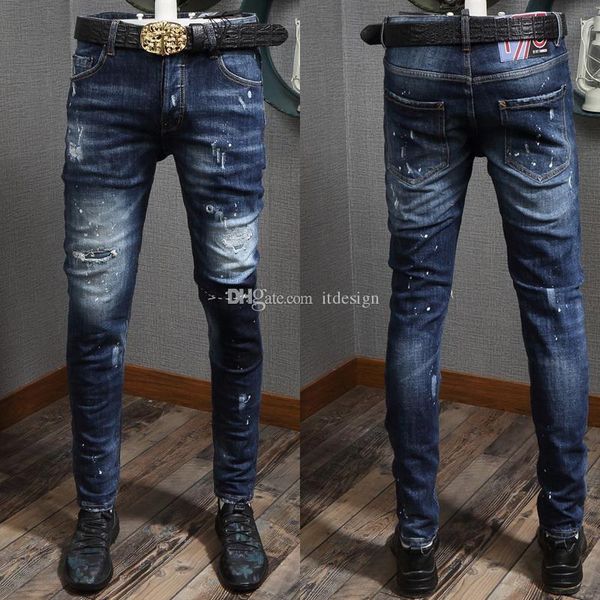 

2019 new dark super patch knee skater jeans ripped stitching detail skinny fitness cowboy trousers men, Blue