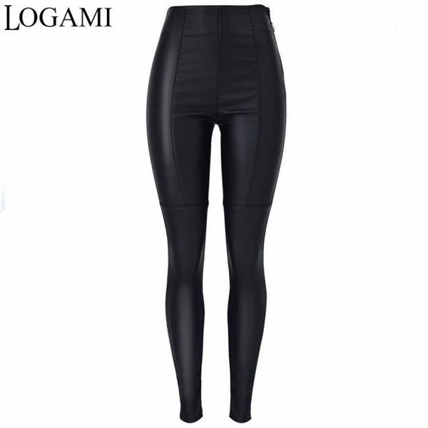 

logami black pu leather pants women high waist faux leather womens pants moto&biker pencil trousers, Black;white