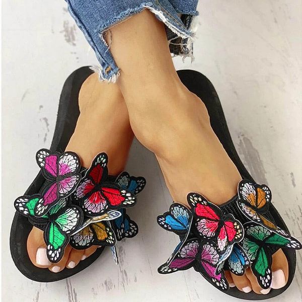 

women butterfly slippers summer beach flat sandals blue slip on open toe women outdoor sandals shoes woman slippers 2020, Black