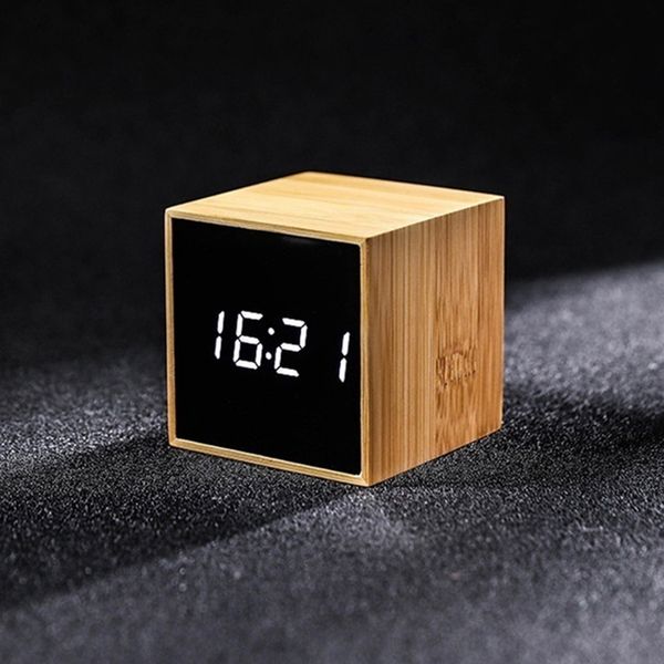 

bamboo led alarm clocks temperature electronic clock sounds control table clock adjustable brightness snooze white