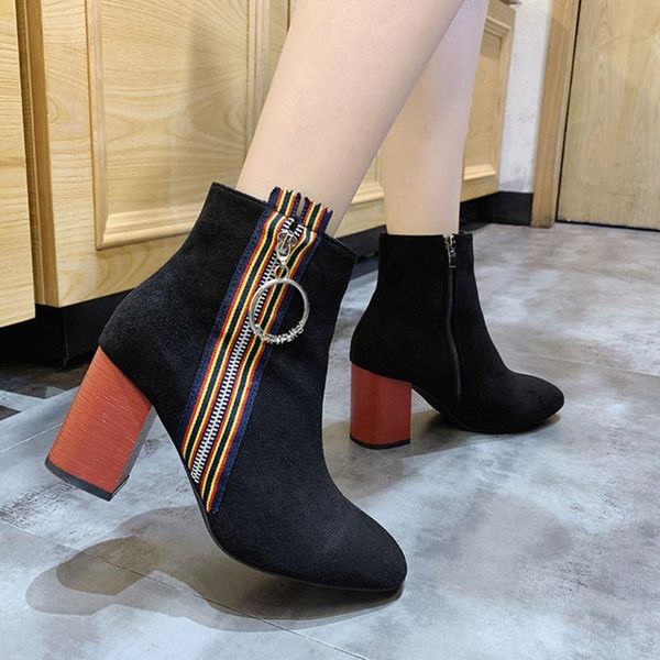 

vintage boots women zipper pointed toe flock shoes ladies mixed color thick heel shoes woman winter party high heels 2019, Black