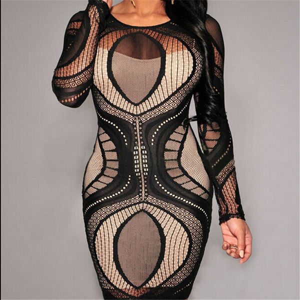 

2019 brand new women's geometric print bandage bodycon long sleeve evening party club short mini pencil dress plus size xl, Black;gray