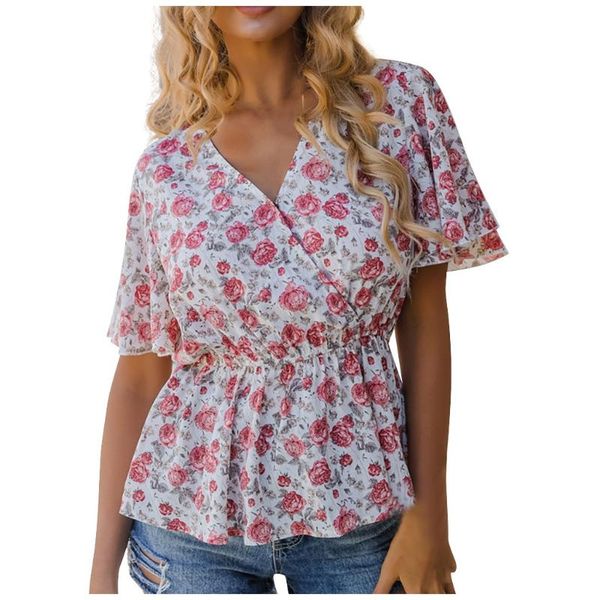 

jaycosin мода лето женщины мода повседневная свободные сексуальные v-образным вырезом с коротким рукавом пуловер блузка рубашки печати обрез, White