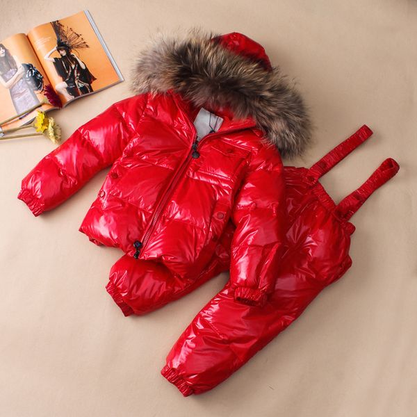 

2pcs / set россия зима детская одежда комплекты комбинезон снег куртка + bib брюки baby boy девушка утка вниз пальто куртки с меховым капюшо, White