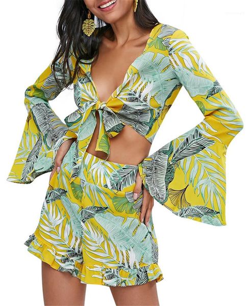 

спортивные костюмы женщин сексуального printed 2 шт шорты beach holiday стиль dark v шея топы мода женщины костюмы flare рукава designer, White