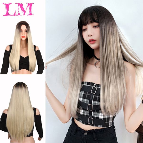 

lo 26" fashion trend long straight ombre synthetic wig for women many colors middle part heat resistant cosplay blonde wig, Black