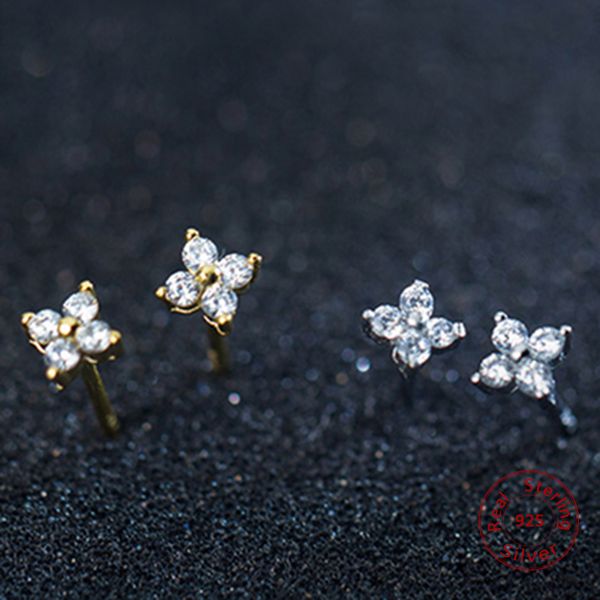 

cute jewelry delicate girl women ear stud tiny cz flower delicate 925 sterling silver small cz stud minimalist flower earring, Golden;silver