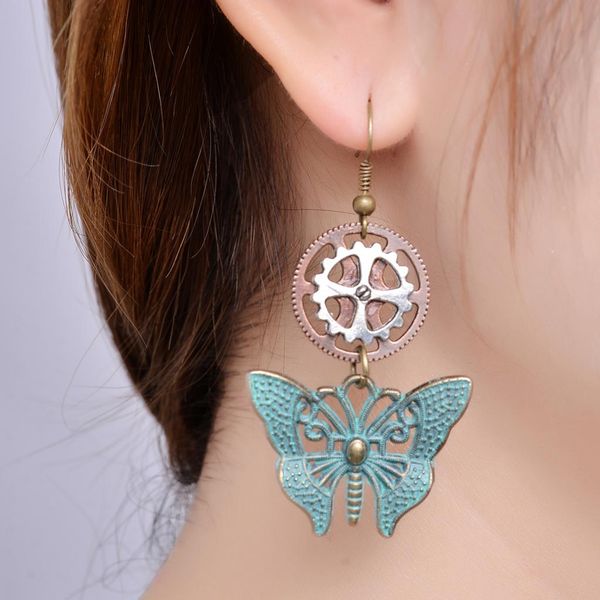 

vintage butterfly hollow clover gears women's steampunk fashion drop earring, Golden