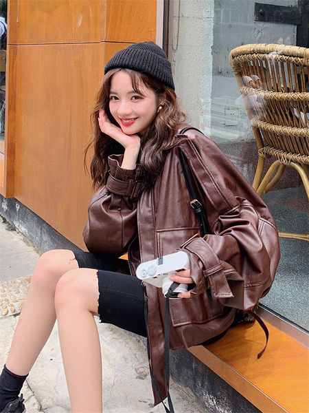 

2019 korean autumn jakcet wild short pu leather jacket women loose bf handsome motorcycle leather jacket mujer chaqueta f1983, Black