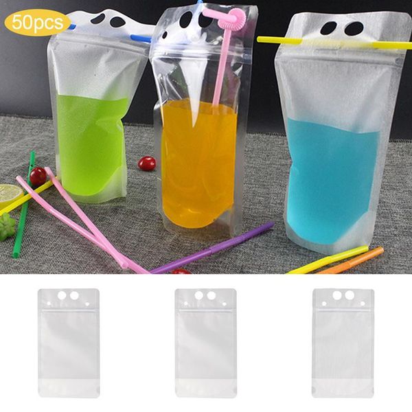 

50pcs disposable portable scrub drink bag can hold beverage transparent juice bag liquid ziplock with straw beverage bags